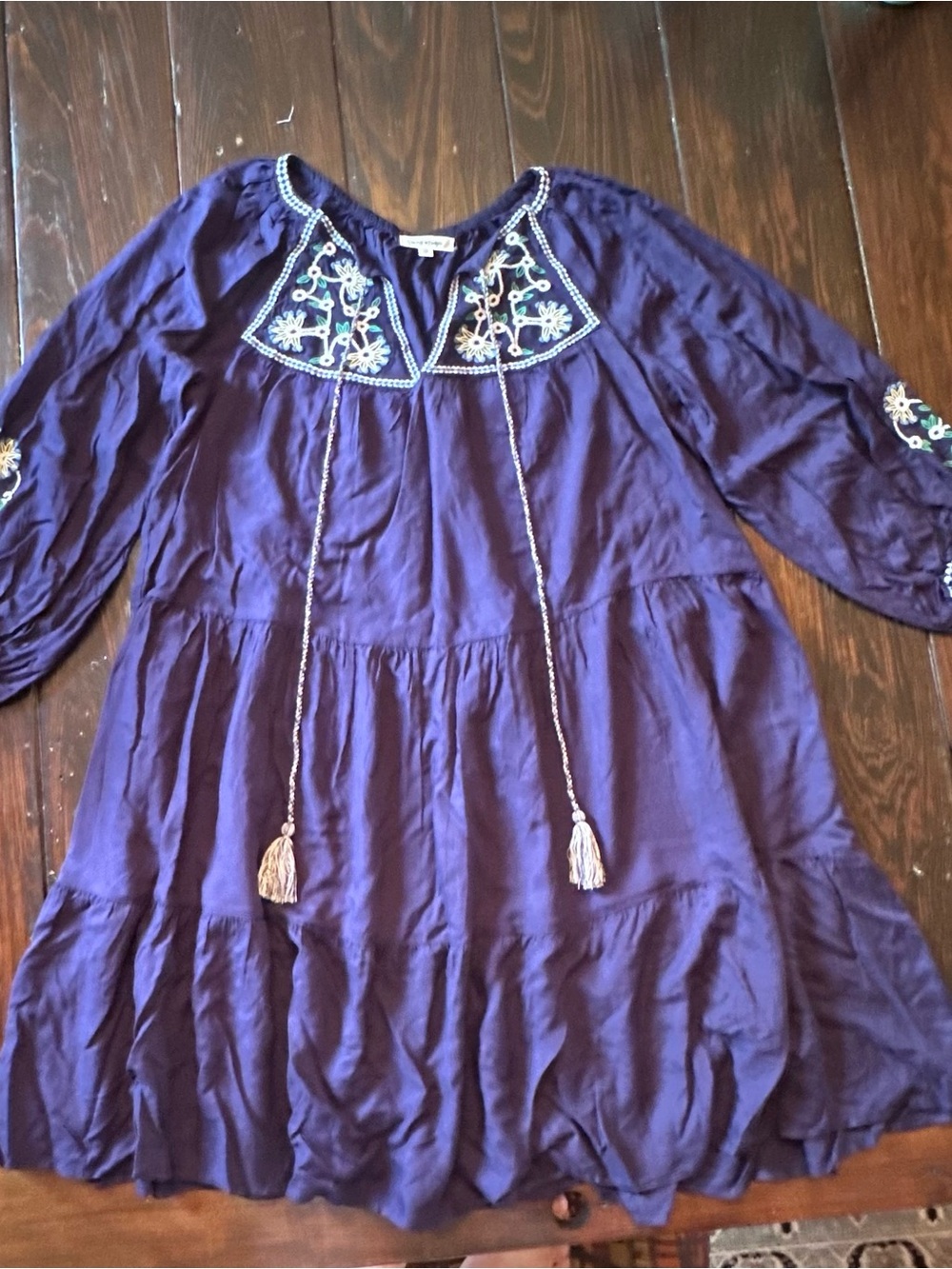 Max Studio Navy Blue Embroidered Tassel Peasant Dress